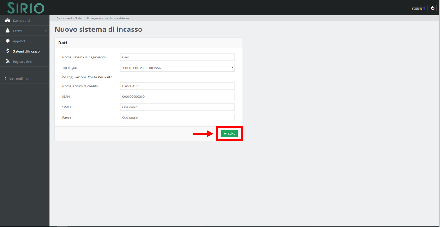 Configurare sistema d'incasso, punto 5