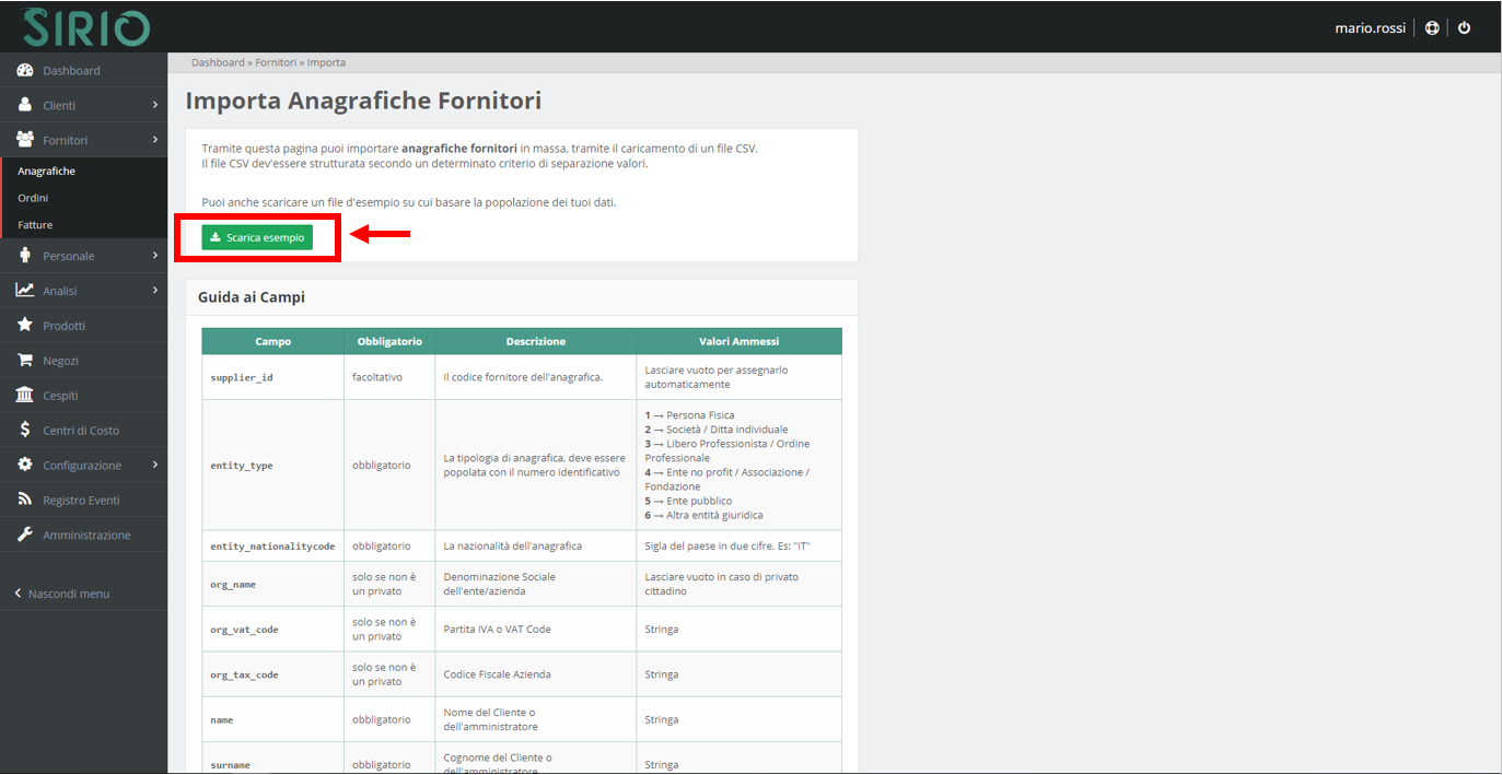Importare anagrafica fornitore, punto 2