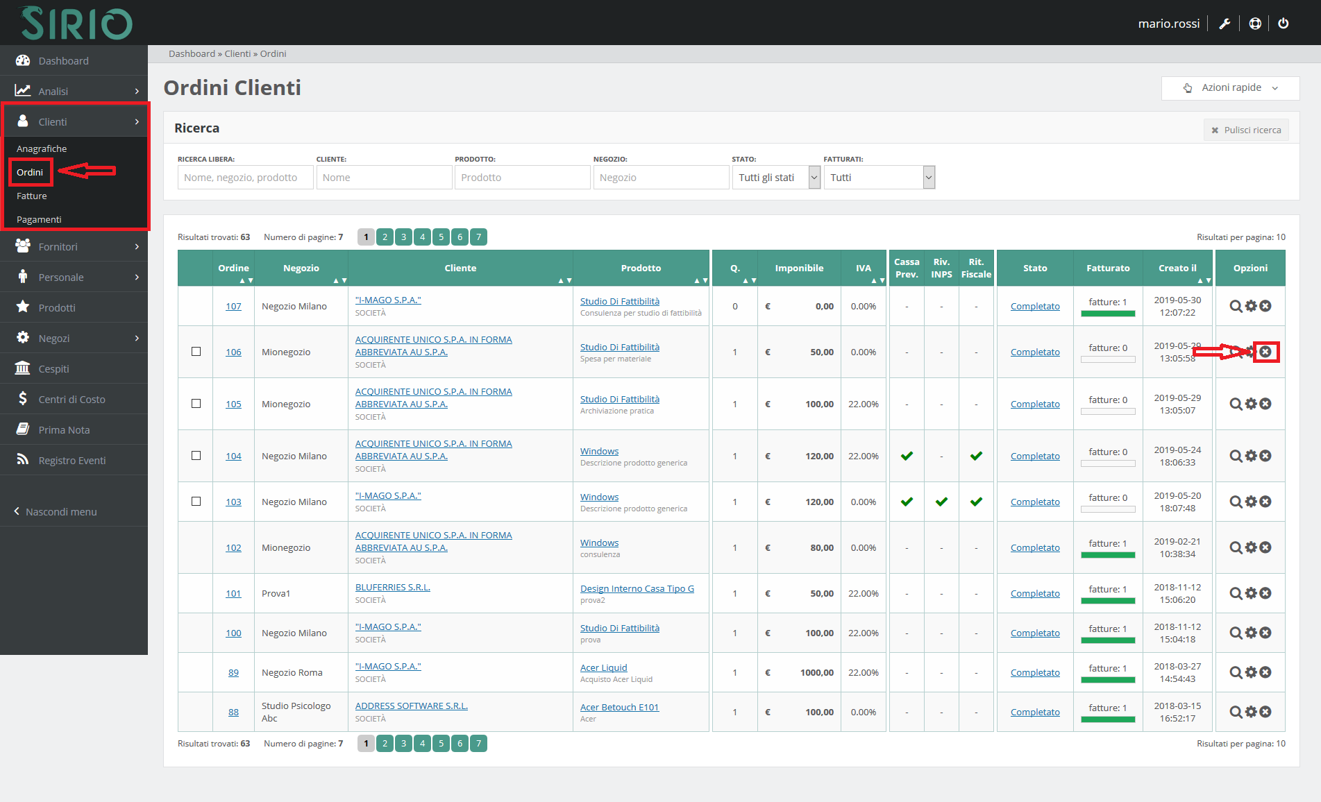 Eliminare ordine cliente, punto 1