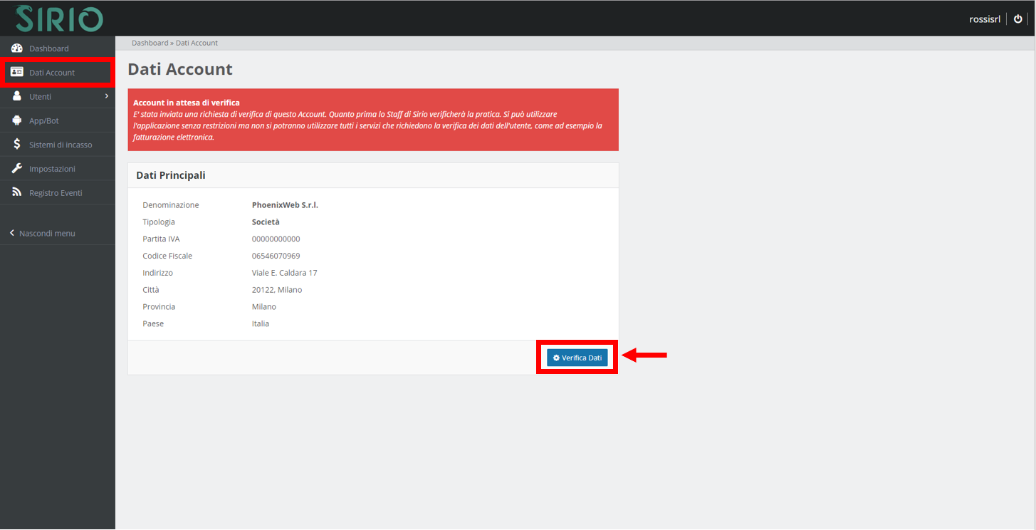 Verifica dati account, punto 2