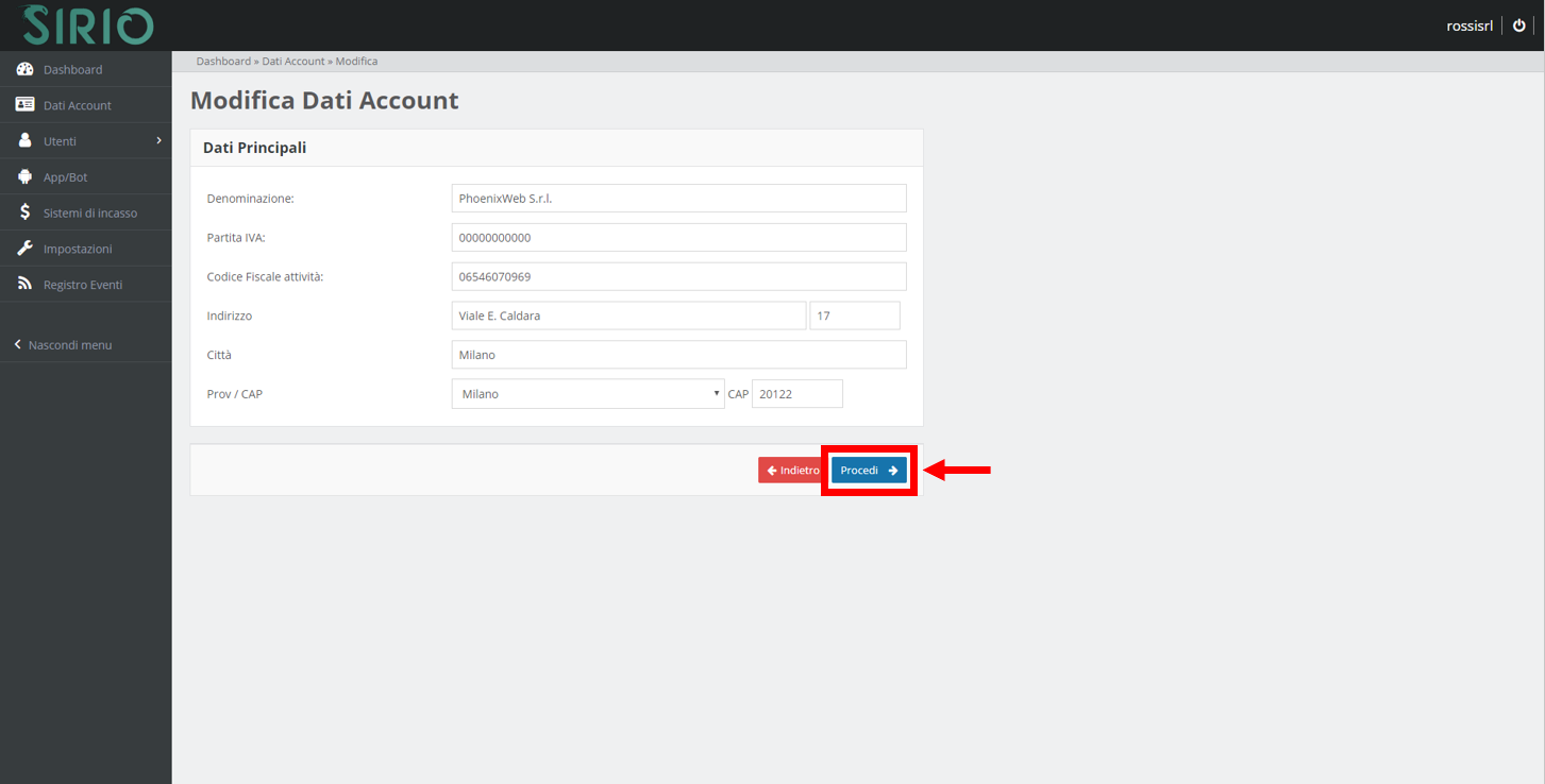 Verifica dati account, punto 3