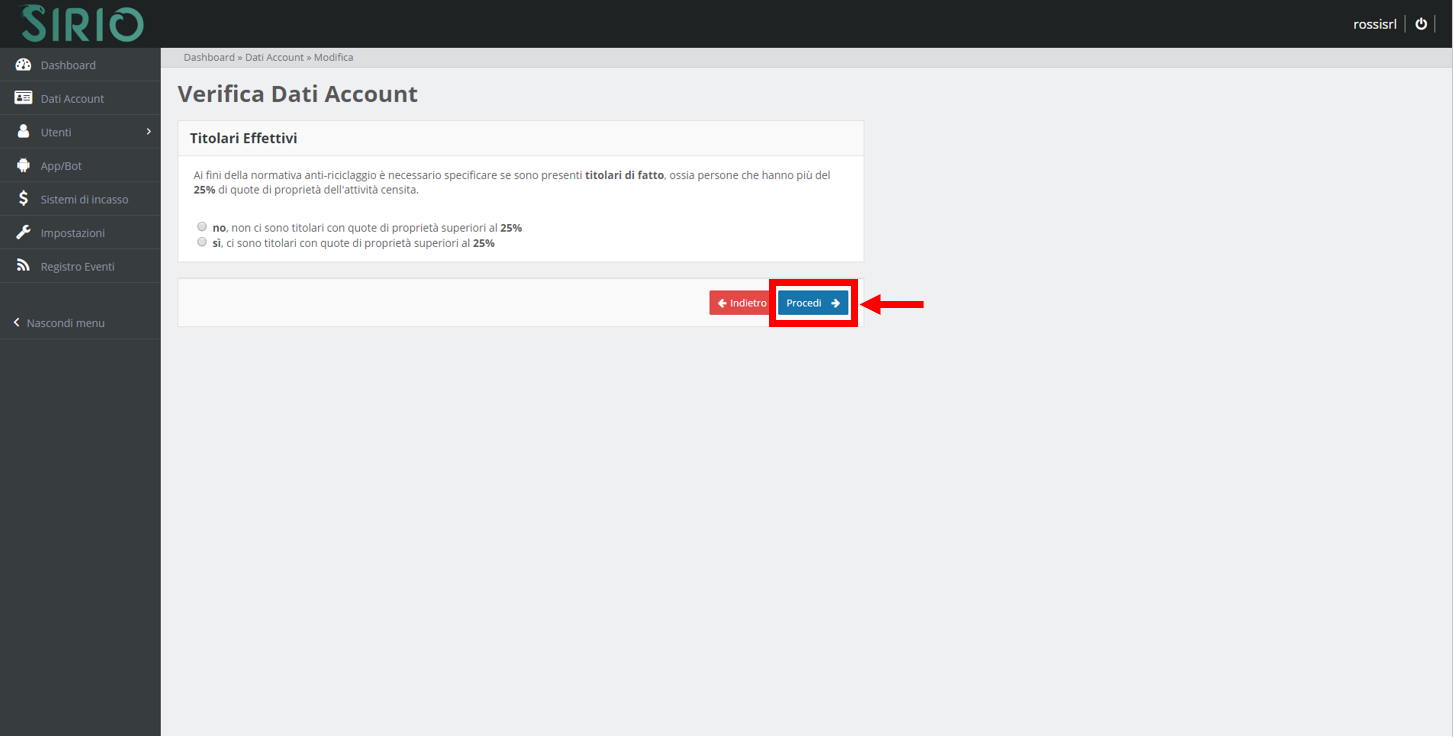 Verifica dati account, punto 5