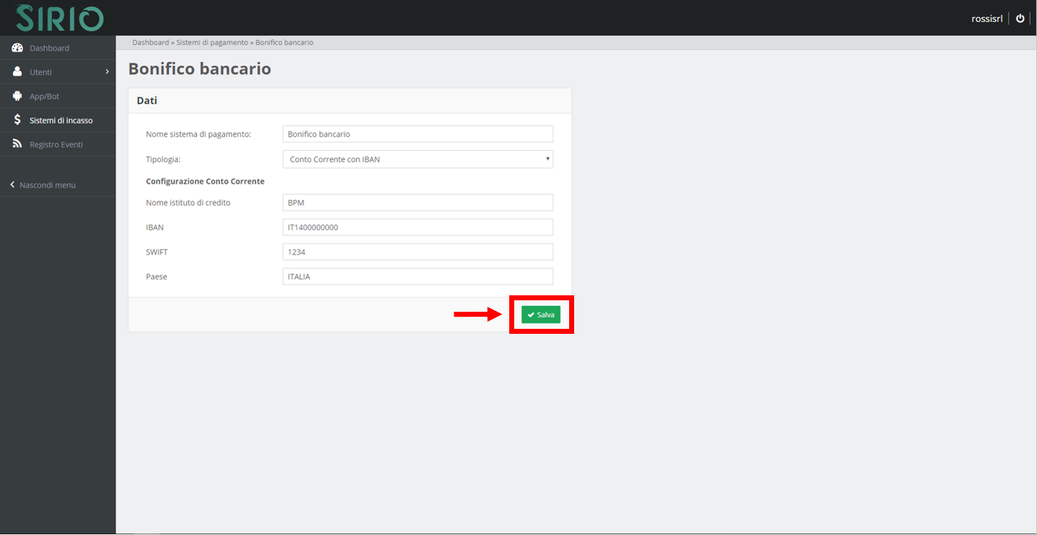 Configurare sistema d'incasso, punto 8