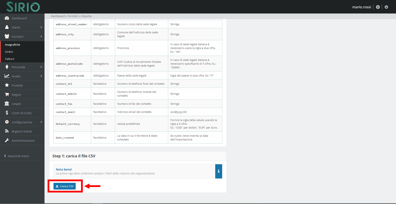 Importare anagrafica fornitore, punto 4