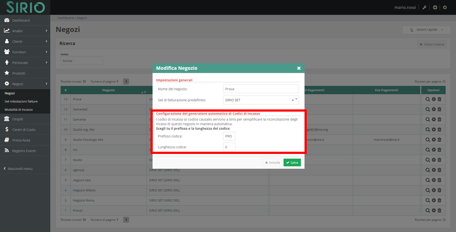 Configurare codice pagamento, punto 2